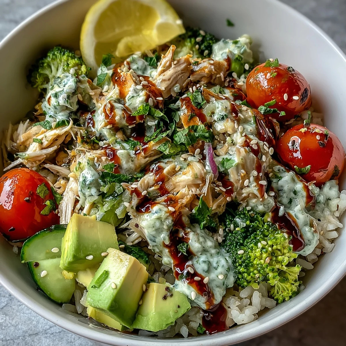 Vibrant rotisserie chicken bowl with colorful veggies, grains, and zesty dressing, perfect for a quick high-protein lunch.