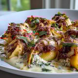 Rustic autumn dinner plate featuring Pumpkin & Gouda Stuffed Shells paired with a crisp green salad and crusty bread.