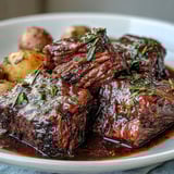 Hearty beef pot roast plated with buttered noodles and fresh parsley, steaming with savory aromas.