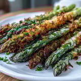 Oven-baked Crispy Asparagus Asiago Spears arranged on parchment, garnished with fresh parsley and a side of creamy dipping sauce.
