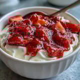 Fresh strawberry compote drizzled over creamy Greek yogurt for a vibrant breakfast treat.