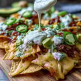 Gooey cheese sauce drizzled over crunchy tortilla chips, loaded with avocado, sour cream, and zesty lime wedges for a perfect game-day snack.  