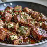 Garlic herb steak bites recipe featuring tender sirloin cubes, aromatic garlic butter, and fresh thyme, perfect for a quick dinner.