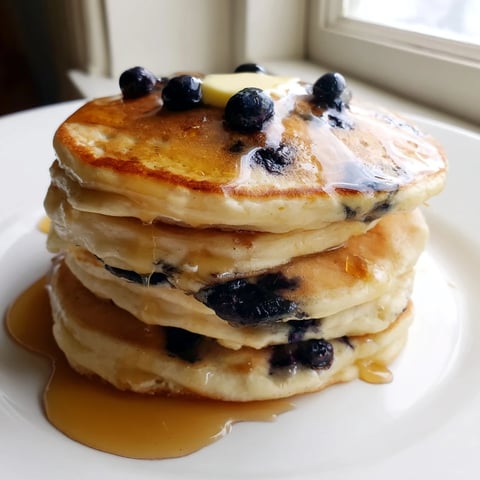 Golden-brown blueberry pancakes, dripping with syrup, offer a perfect, fluffy breakfast served hot.
