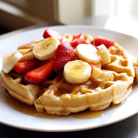 Crispy golden waffles, ready to be devoured, served with fresh berries and warm syrup.
