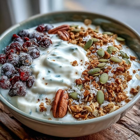 Creamy probiotic yogurt topped with jewel-toned winter berries and spiced crunch in a cozy breakfast bowl.