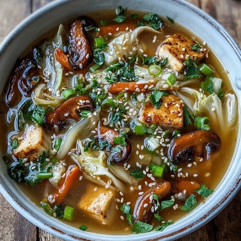 A steaming bowl of Ginger-Miso Winter Soup with sliced carrots, shiitake mushrooms, and fresh scallions.