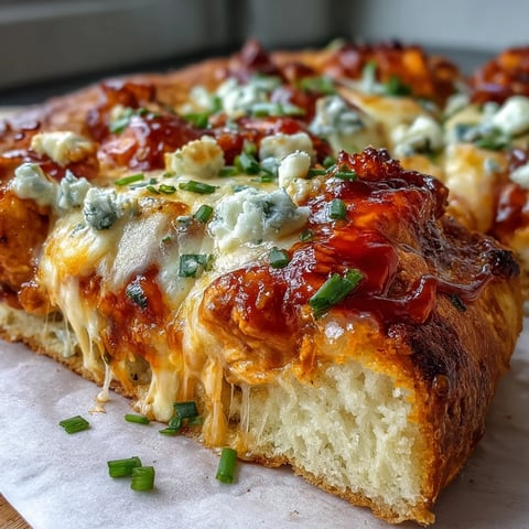 Golden-brown Buffalo Chicken Pizza topped with spicy shredded chicken, melted mozzarella, and fresh chives on a crispy crust.