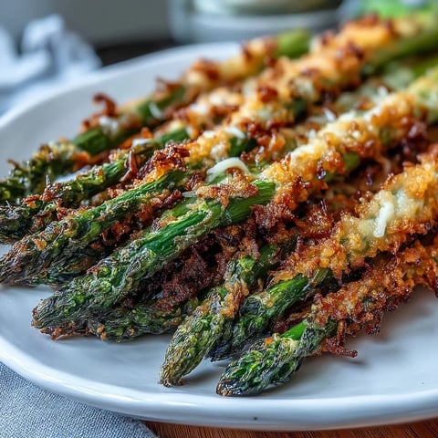 Golden-baked Crispy Asparagus Asiago Spears with a crunchy panko crust, served with lemon wedges on a white plate.