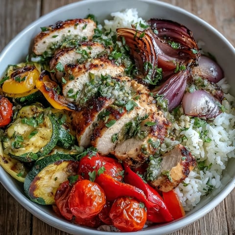 Freshly roasted Lemon Herb Roasted Chicken breast rests on fluffy white rice, topped with colorful zucchini and bell peppers.
