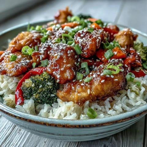 Golden Honey Garlic Chicken Bowl with fluffy white rice, crisp steamed broccoli, carrots, and red bell peppers, all drizzled with a sticky, sweet-savory glaze.
