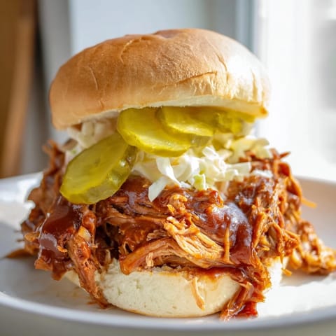 A close-up of a tender pulled pork sandwich served with creamy coleslaw, a true American favorite.