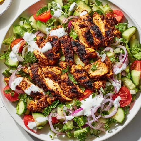 Vibrant Middle Eastern salad with marinated grilled chicken, crisp vegetables, parsley, and tangy yogurt sauce for a refreshing main dish.