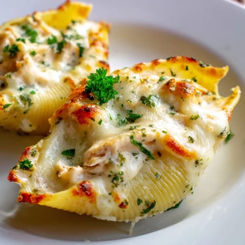 Creamy Chicken Alfredo Stuffed Shells on a white plate, served alongside a green salad.