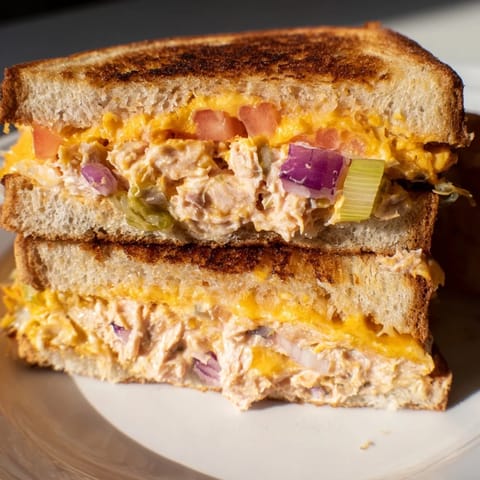 Steam rises from the open-faced spicy tuna melt, revealing a zesty tuna salad and gooey cheese on toasted bread.