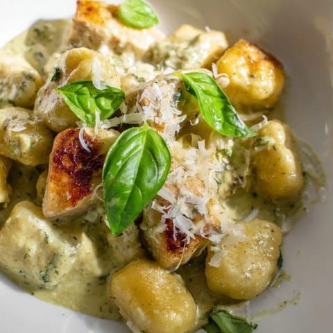 Creamy Pesto Gnocchi with Chicken is plated hot, showcasing a rich, velvety sauce clinging to every pillow of gnocchi.