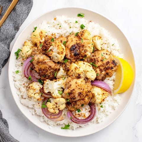 Roasted cauliflower chicken sheet pan with tender chicken thighs and caramelized cauliflower florets, garnished with parsley and lemon.