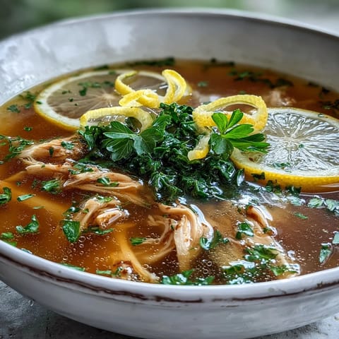 A steaming bowl of high protein lemon and turmeric chicken soup featuring vibrant carrots and celery in a clear broth.