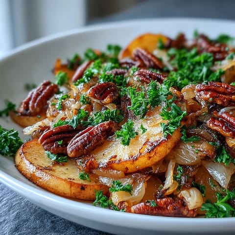 A warm skillet salad with caramelized apples, tangy sauerkraut, and fresh parsley garnish, served as a savory side dish.