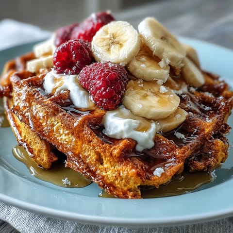 Golden, fluffy Anti-Inflammatory Adaptogenic Turmeric Waffles fresh from the iron, topped with fresh berries and a light drizzle of maple syrup.