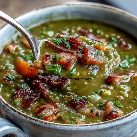 A comforting bowl of Split Pea and Ham Soup, garnished with fresh thyme, served beside golden, crusty bread for dipping.