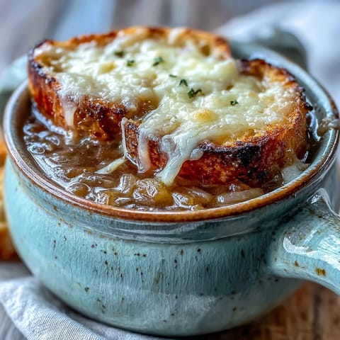 Steaming bowl of homemade Dutch Oven French Onion Soup featuring a cheesy, toasted baguette slice and fresh thyme garnish.