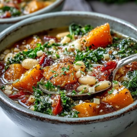 Steaming bowl of Winter Minestrone Soup with kale and butternut squash, ready to serve.
