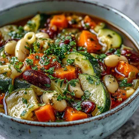 A ladle of Minestrone Soup being served into a rustic bowl, garnished with fresh parsley and black pepper.