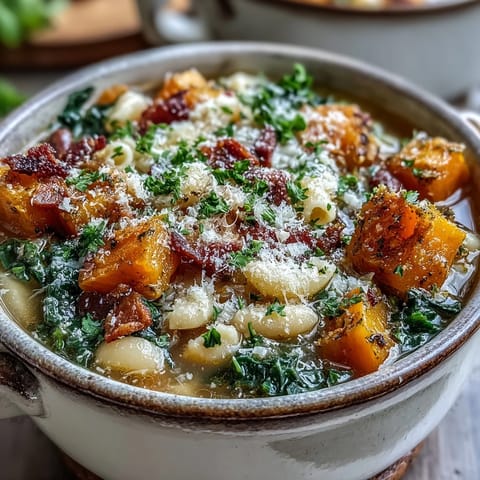 A hearty bowl of Fall Minestrone featuring butternut squash, kale, and white beans, served with crusty artisan bread.