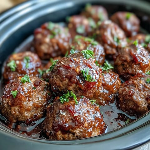 Tender Slow Cooker Peach Glazed Meatballs served hot over fluffy white rice with fresh parsley garnish.
