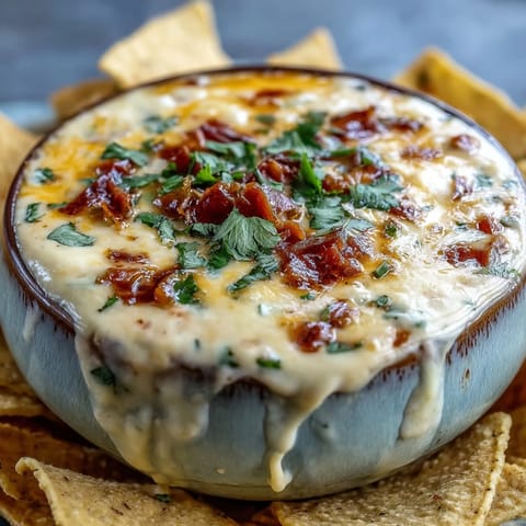 Spicy Queso Dip melting in a skillet, surrounded by crispy tortilla chips for dipping.