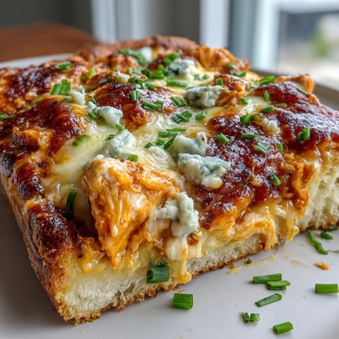 A bubbling Buffalo Chicken Pizza with creamy ranch sauce, red onion slices, and blue cheese crumbles on a wooden board.