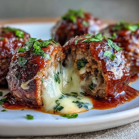 Golden-brown, cheesy garlic meatballs simmering in a rich marinara sauce, served over gluten-free spaghetti with fresh basil garnish.
