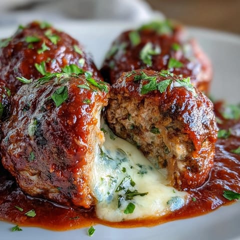 Tender, juicy meatballs loaded with mozzarella and Parmesan, bubbling in a skillet with a vibrant, chunky Italian marinara.
