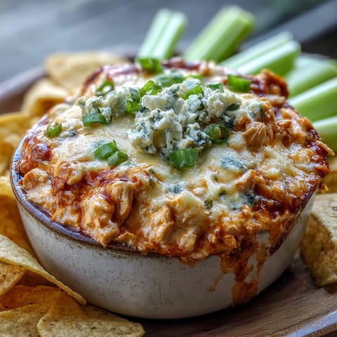 A serving spoon dips into a warm bowl of Crock Pot Buffalo Chicken Dip, topped with extra cheese and fresh scallions.