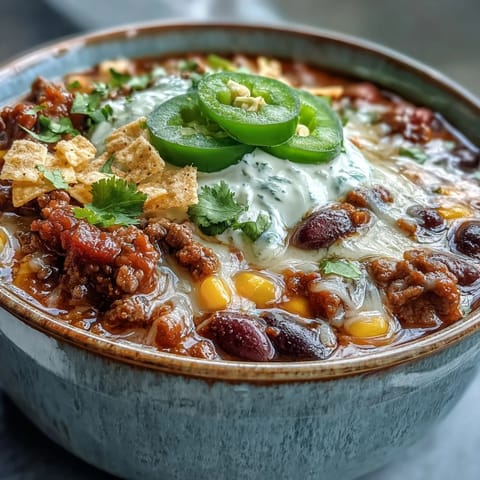 Steaming Taco Soup with seasoned ground beef, beans, and corn served with lime wedges and chips