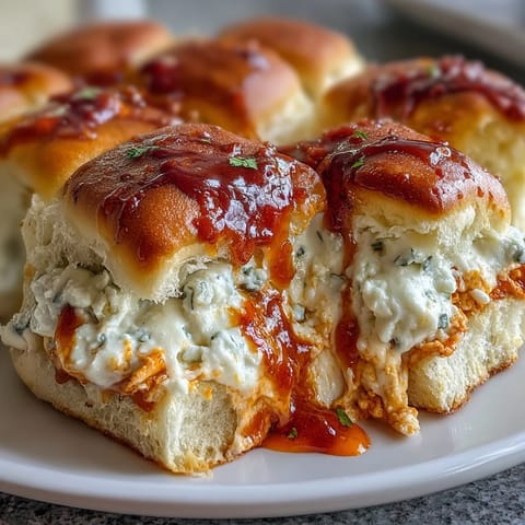 Golden brown Pizza Dip Sliders fresh from the oven, featuring soft Hawaiian rolls stuffed with spicy Buffalo chicken dip and melted cheese.