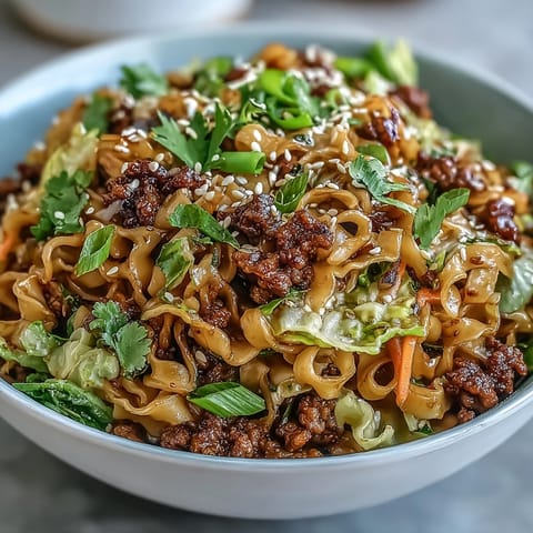 Mound of saucy Potsticker Noodle Bowls topped with golden brown pork, shredded carrots, and bright green onions.