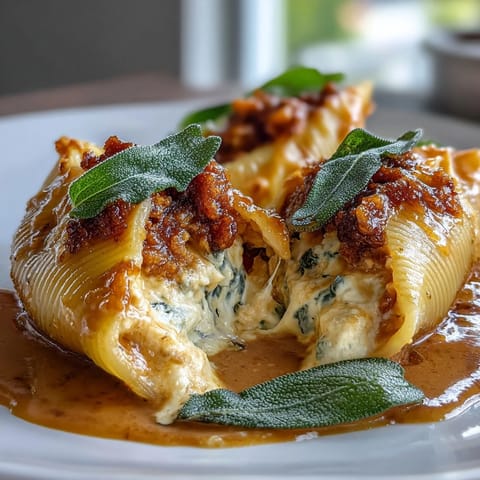Golden baked Pumpkin & Gouda Stuffed Shells bubbling with creamy brown butter Alfredo sauce and crispy sage garnish.