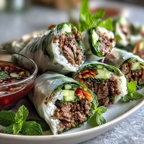Thai Basil Beef Rolls stacked on a white plate, featuring tender beef, cucumbers, and carrots wrapped in translucent rice paper.