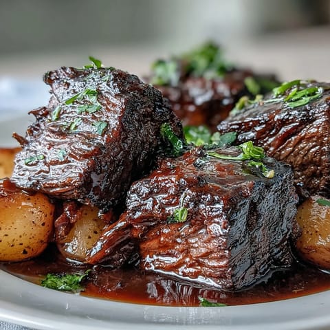 Tender shredded beef pot roast simmering in rich red wine gravy with glazed carrots and baby potatoes.