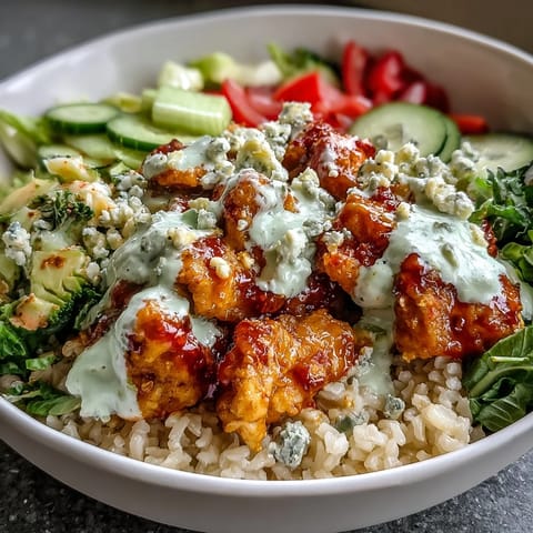 Creamy ranch drizzle and blue cheese crumbles top a spicy Buffalo Chicken Bowl garnished with parsley.