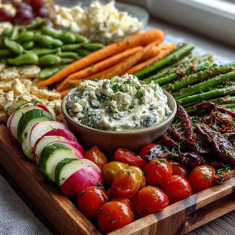 Colorful radishes, snap peas, and carrots served with tangy herb yogurt dip for spring.