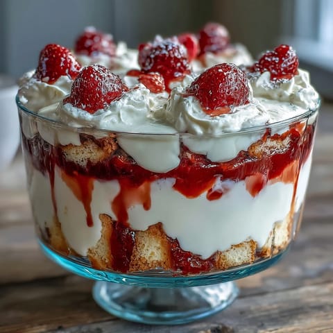 Elegant Mothers Day strawberry shortcake trifle featuring golden shortcake cubes, juicy berries, and clouds of whipped cream.