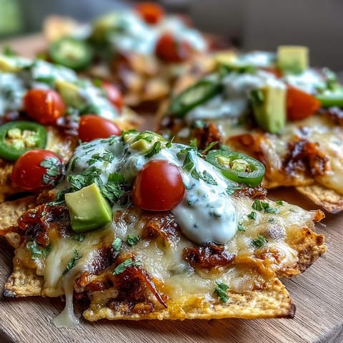 Soccer Game Day Nachos with Cheese Sauce piled high on crispy tortilla chips, topped with jalapeños, tomatoes, and fresh cilantro.  