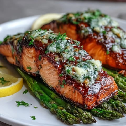 Garlic butter salmon fillets with tender asparagus, seared and finished in a fragrant garlic herb butter sauce.