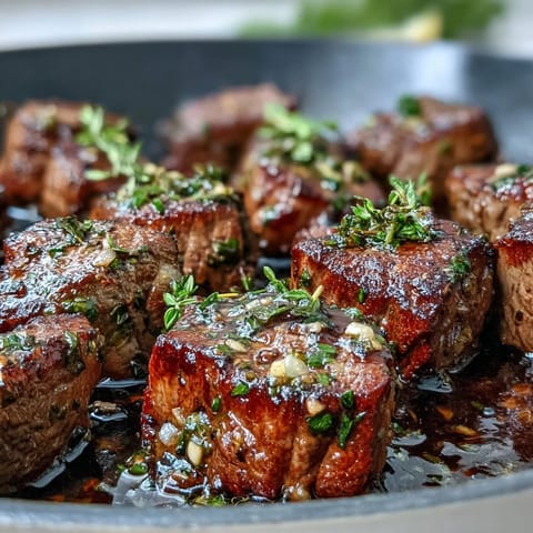 One-pan garlic herb steak bites with juicy seared sirloin and fresh parsley, served sizzling from the skillet.
