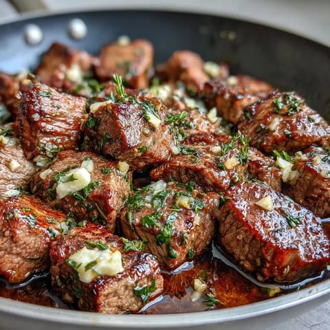 Garlic herb steak bites recipe featuring tender sirloin cubes, aromatic garlic butter, and fresh thyme, perfect for a quick dinner.