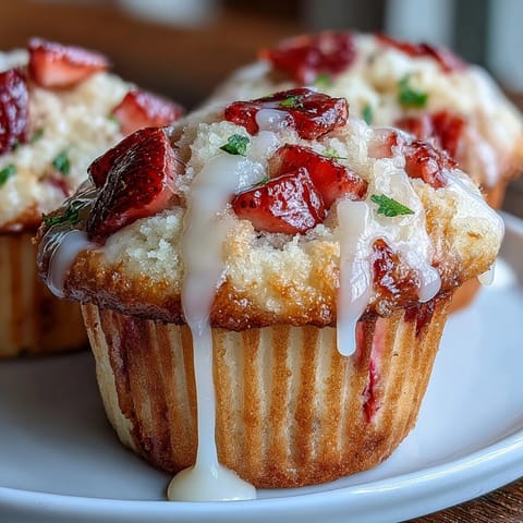 Moist, fluffy strawberry lemon muffins with fresh berries and bright citrus zest, topped with a sweet-tart lemon glaze for a perfect spring brunch treat.
