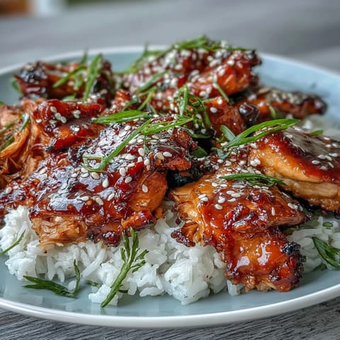Honey Garlic Chicken with Rice in a slow cooker, glazed with sweet garlic sauce over a bed of fluffy white rice.